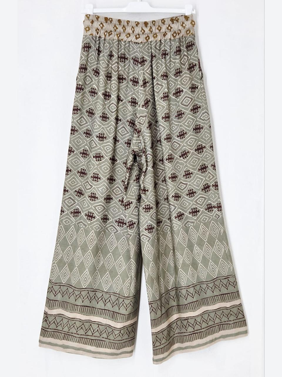 pantalone fluido fantasia floreale 26271 VERDE BORDO WU' SIDE