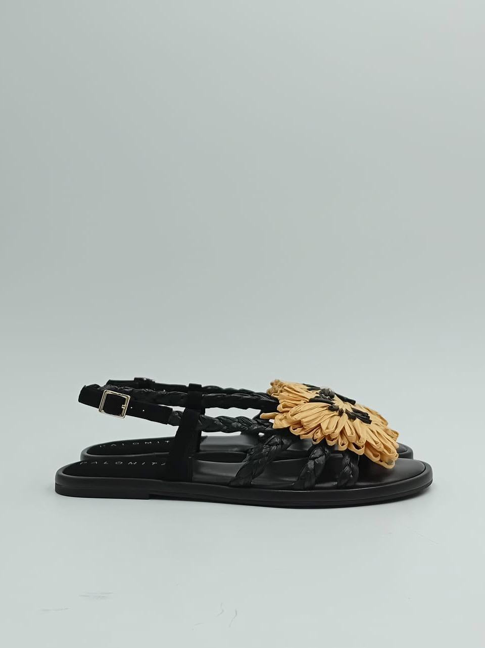 sandalo flat in rafia con accessorio ALICIA BLACK PALOMITAS by paloma barcelo
