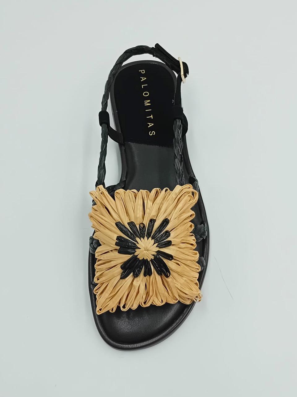 sandalo flat in rafia con accessorio ALICIA BLACK PALOMITAS by paloma barcelo