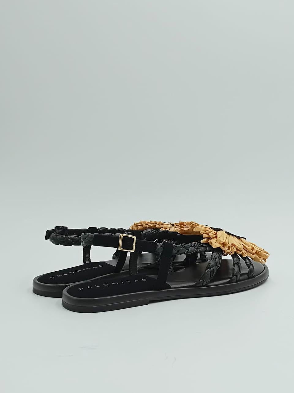 sandalo flat in rafia con accessorio ALICIA BLACK PALOMITAS by paloma barcelo