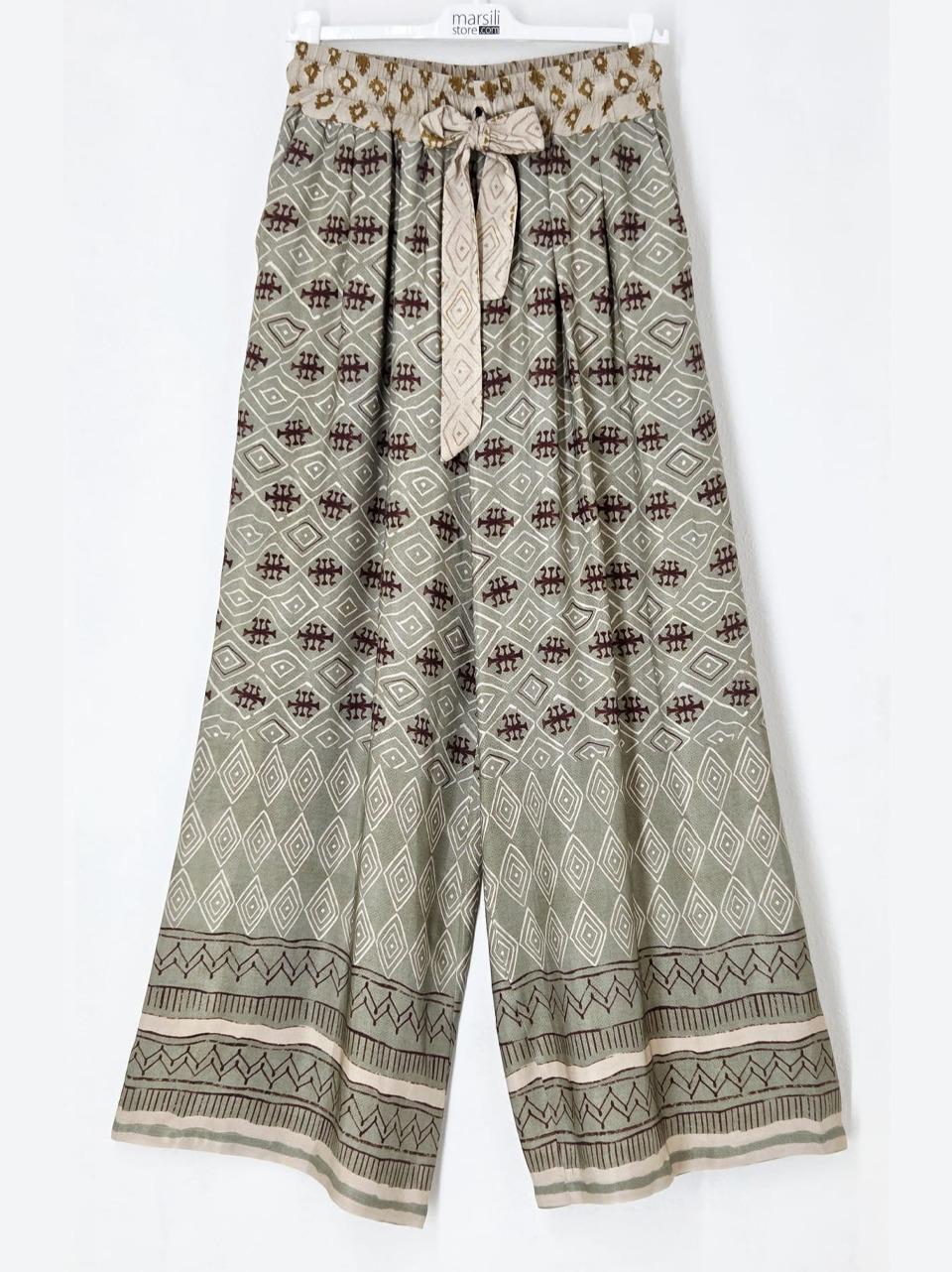 pantalone fluido fantasia floreale 26271 VERDE BORDO WU' SIDE 
