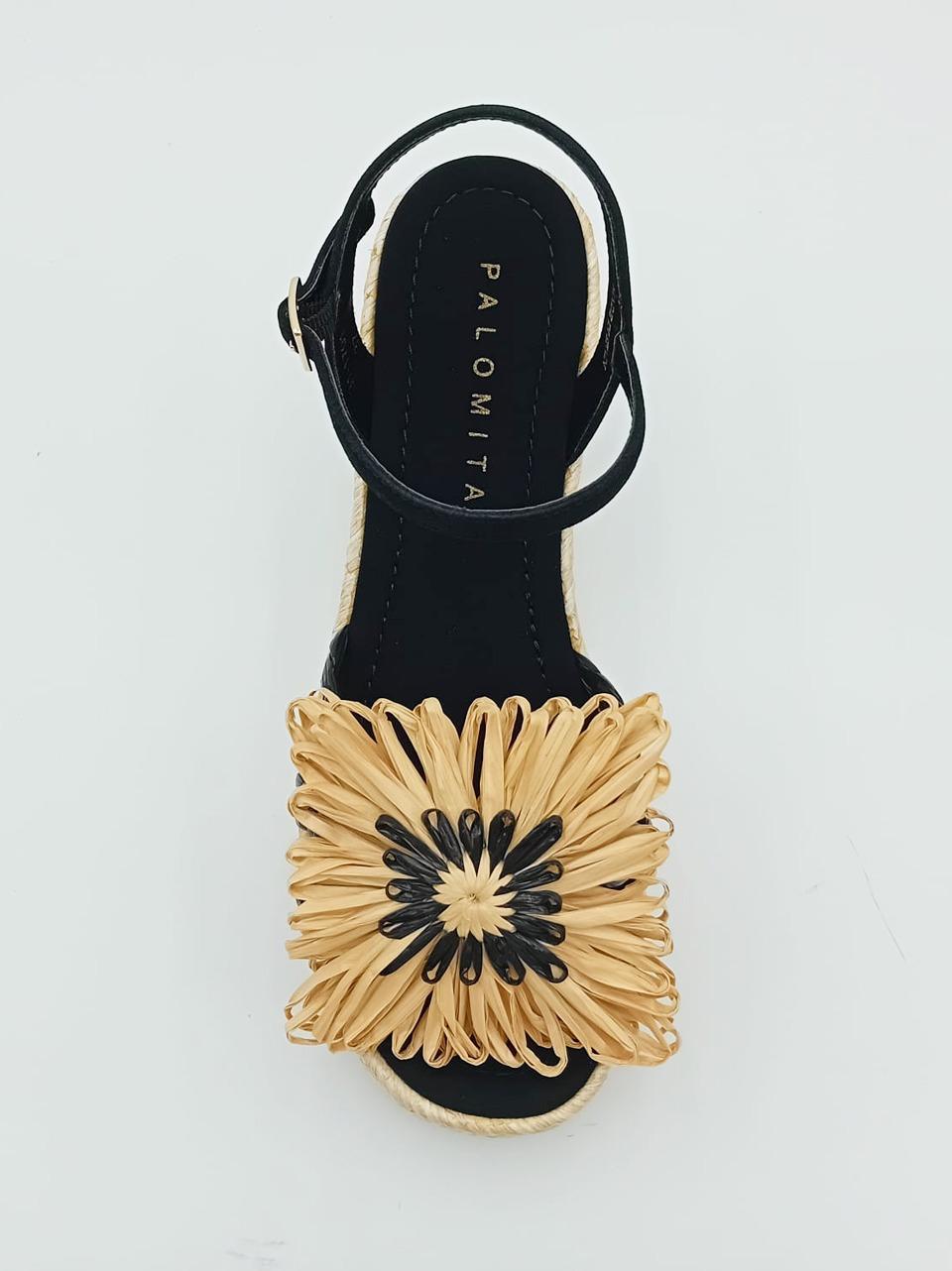 sandalo zeppa in rafia con accessorio FANNIE BLACK PALOMITAS by paloma barcelo 