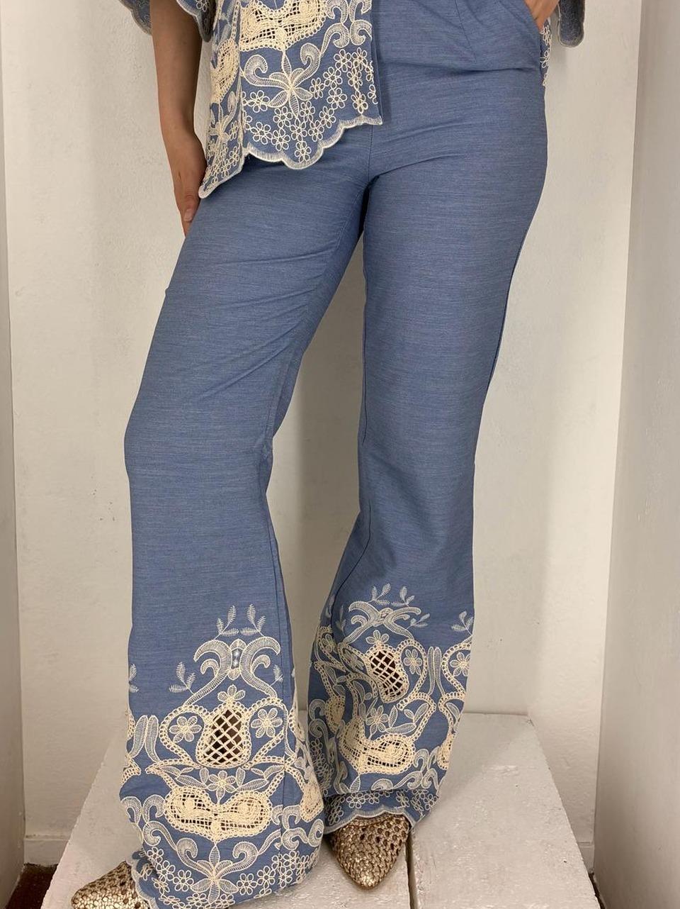 pantalone con ricami 5727 CELESTE GLAMOROUS 