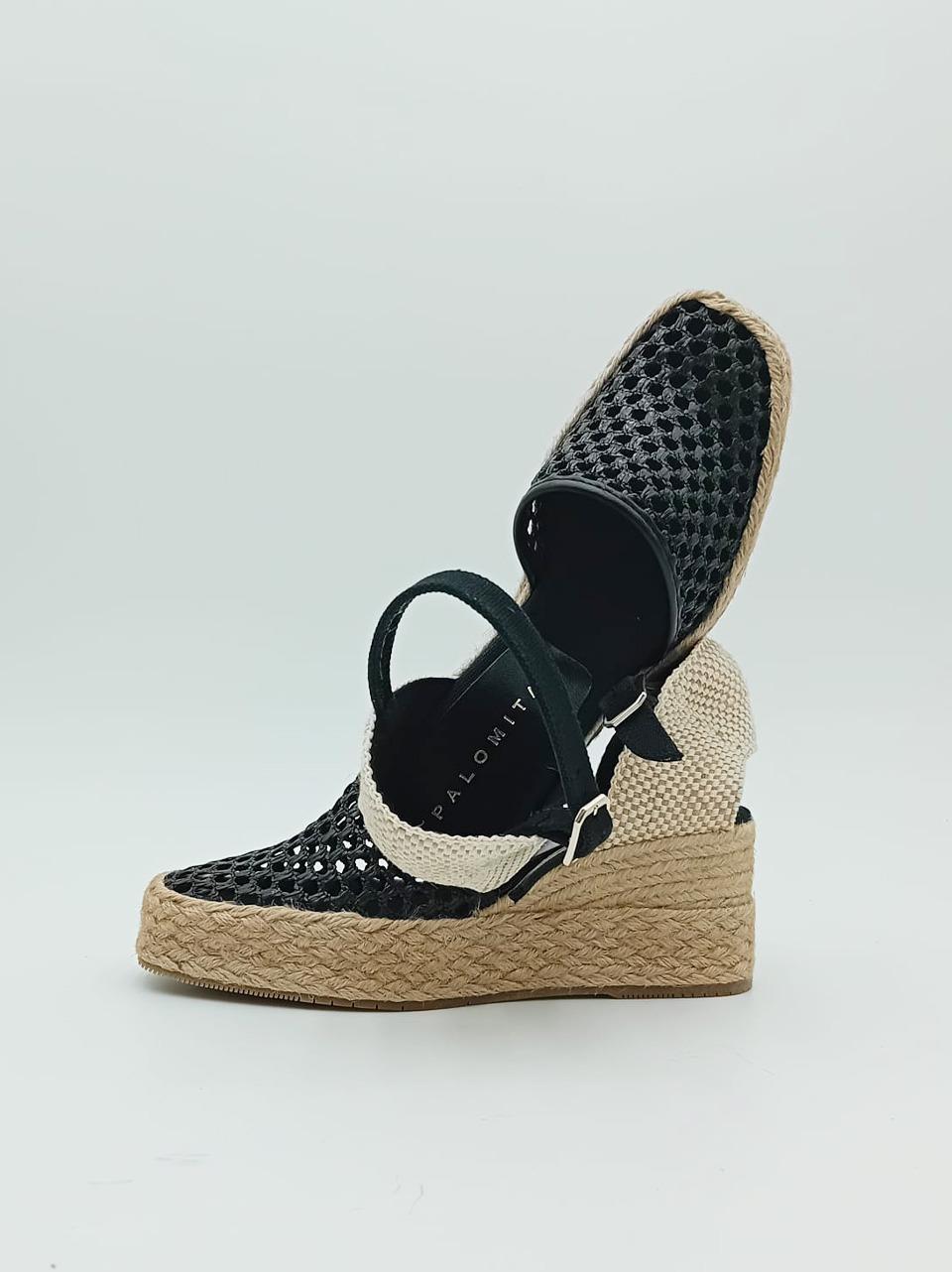 sandalo zeppa in rafia intrecciata KAIA BLACK PALOMITAS by paloma barcelo 