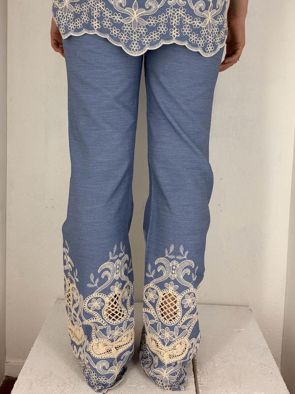 pantalone con ricami 5727 CELESTE GLAMOROUS 